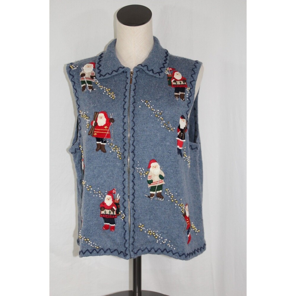 Vintage Christmas Sweater Vest Zip Up Blue Santa Skiing Golfing Wool Blend Sz XL